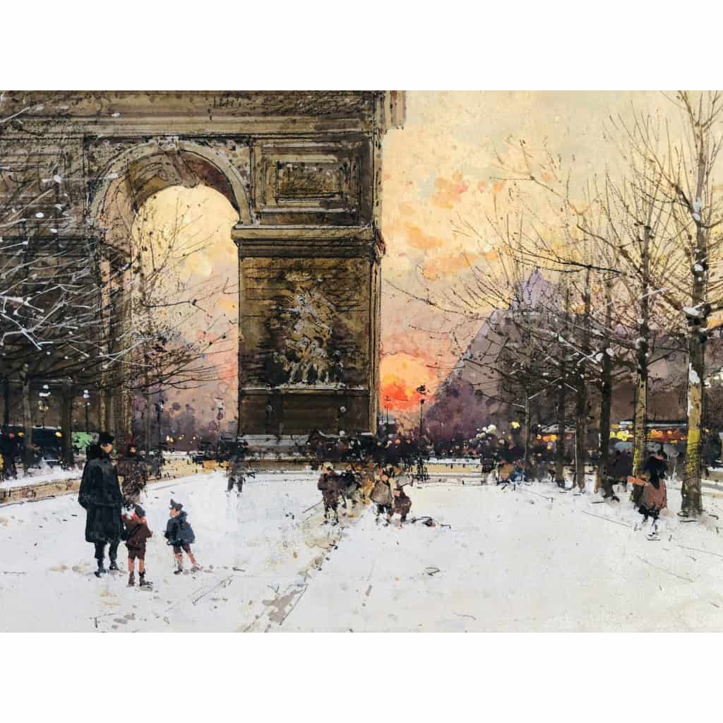 GALIEN LALOUE Peinture Française 20è Paris Les Champs Elysées Et l'Arc De Triomphe en hiver Gouache signée Certificat d’authenticité GALIEN LALOUE Peinture Française 20è Paris Les Champs Elysées Et l'Arc De Triomphe en hiver Gouache signée Certificat d’authenticité