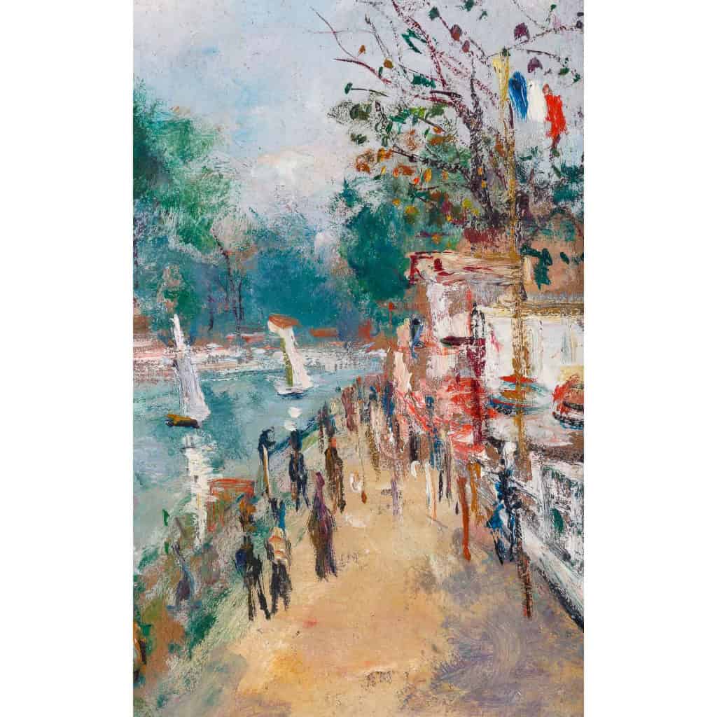 Serge Belloni « Le peintre de Paris » - 14 juillet en bord de Marne huile sur panneau vers 1954 Serge Belloni « Le peintre de Paris » - 14 juillet en bord de Marne huile sur panneau vers 1954