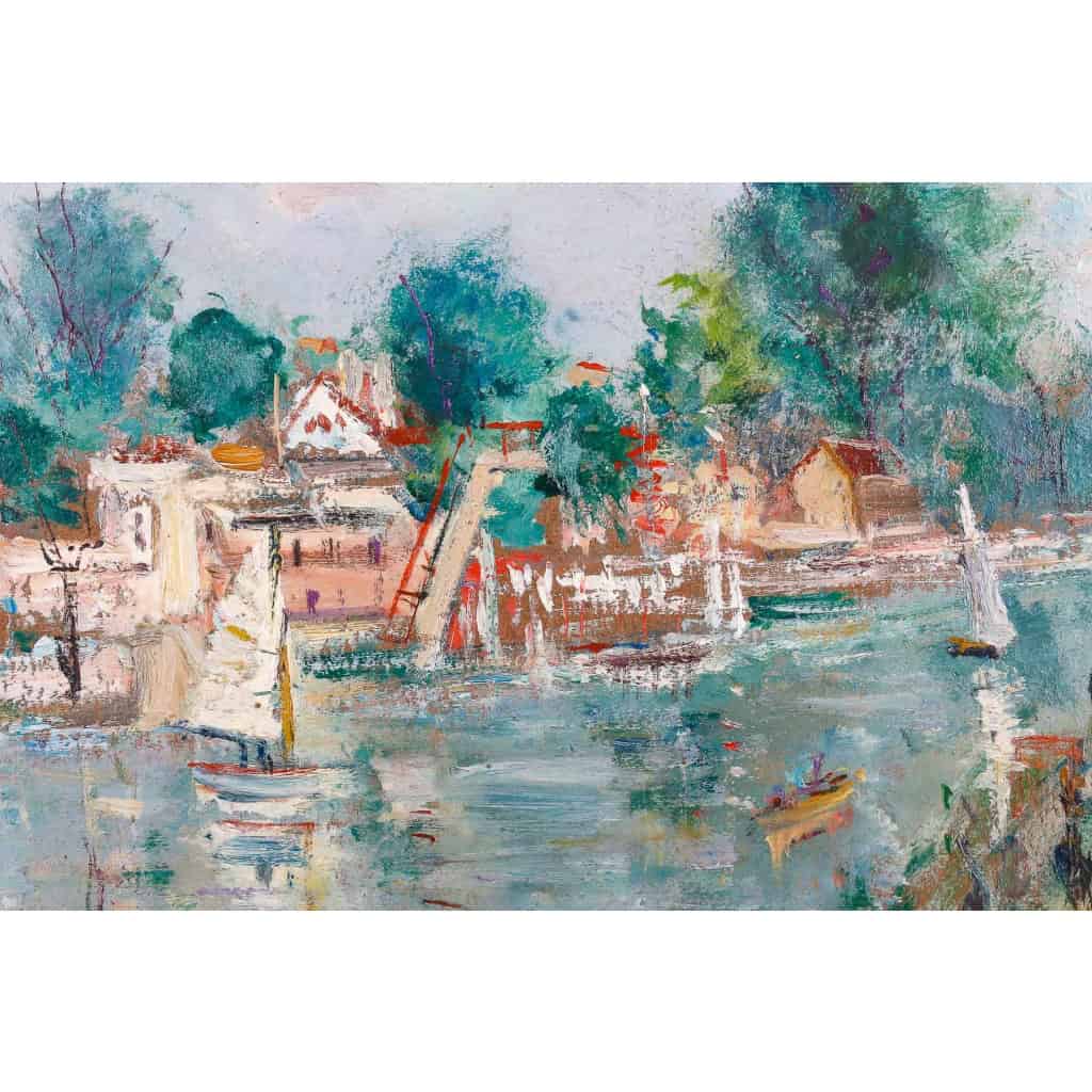 Serge Belloni « Le peintre de Paris » - 14 juillet en bord de Marne huile sur panneau vers 1954 Serge Belloni « Le peintre de Paris » - 14 juillet en bord de Marne huile sur panneau vers 1954