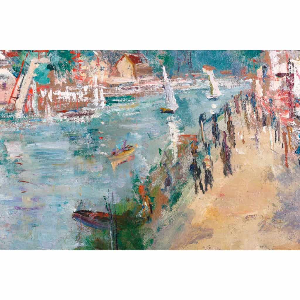 Serge Belloni « Le peintre de Paris » - 14 juillet en bord de Marne huile sur panneau vers 1954 Serge Belloni « Le peintre de Paris » - 14 juillet en bord de Marne huile sur panneau vers 1954