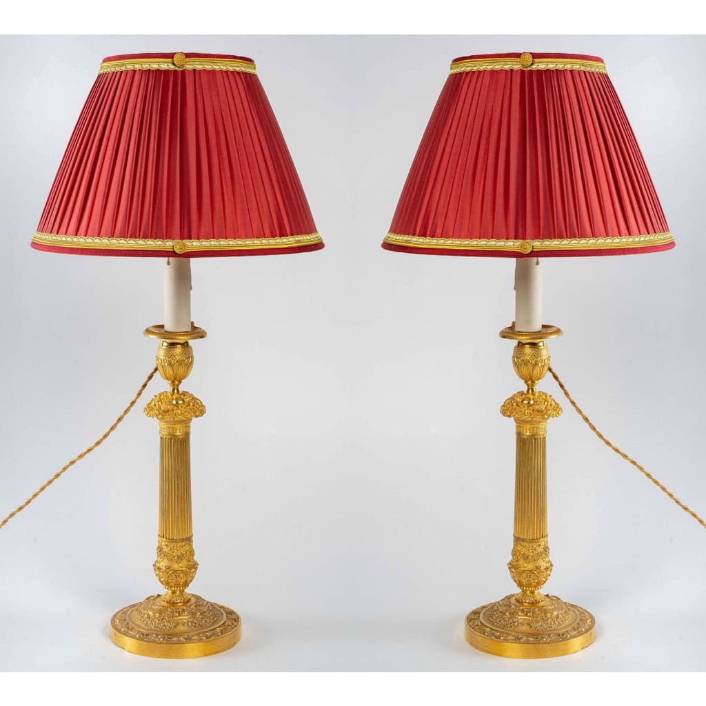 Paire de flambeaux montés en lampes à décor de panier fleuri en bronze doré époque Restauration vers 1820-1830 MLD Antiquités|MLD Antiquités|MLD Antiquités|MLD Antiquités|MLD Antiquités|MLD Antiquités|MLD Antiquités|MLD Antiquités|MLD Antiquités||