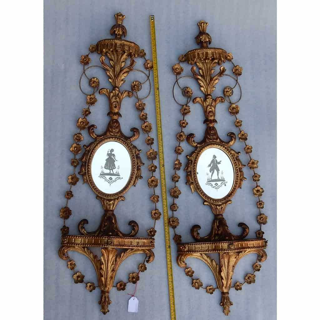 1950/70 Paire d’Appliques Bois Doré Venise Romantiques Console Et Guirlandes Miroirs Gravés Monsieur Et Madame |||||||||||||||