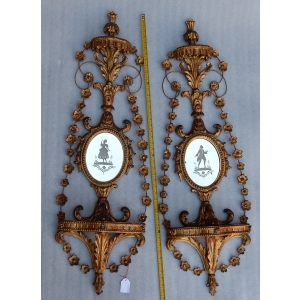 1950/70 Paire d’Appliques Bois Doré Venise Romantiques Console Et Guirlandes Miroirs Gravés Monsieur Et Madame |||||||||||||||