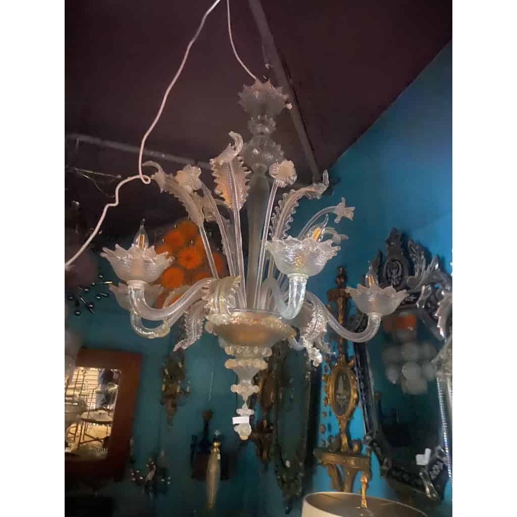 1950′ Lustre Cristal Murano Avec Inclusions Feuilles d’Or 6 Branches ||||||||||||||