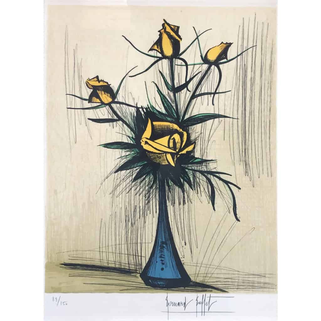 BUFFET Bernard Roses dans un vase bleu, 1979 Lithographie en couleurs signée et numérotée Certificat BUFFET Bernard Roses dans un vase bleu, 1979 Lithographie en couleurs signée et numérotée Certificat