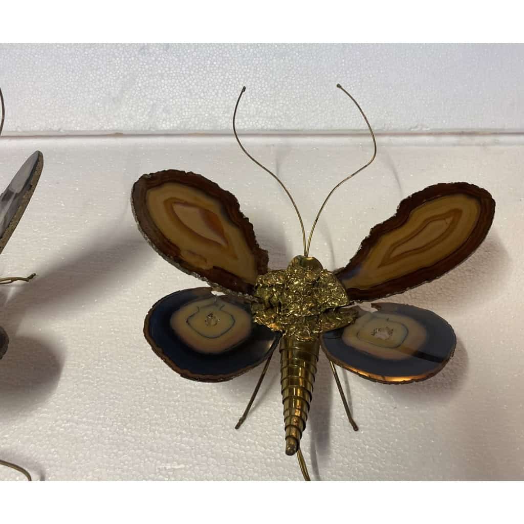 1970’ Paire D’Appliques Papillon en Bronze ou Laiton, Duval Brasseur Ou Isabelle Faure, 1 Ampoule, Ailes d’Agate 1970’ Paire D’Appliques Papillon en Bronze ou Laiton, Duval Brasseur Ou Isabelle Faure, 1 Ampoule, Ailes d’Agate