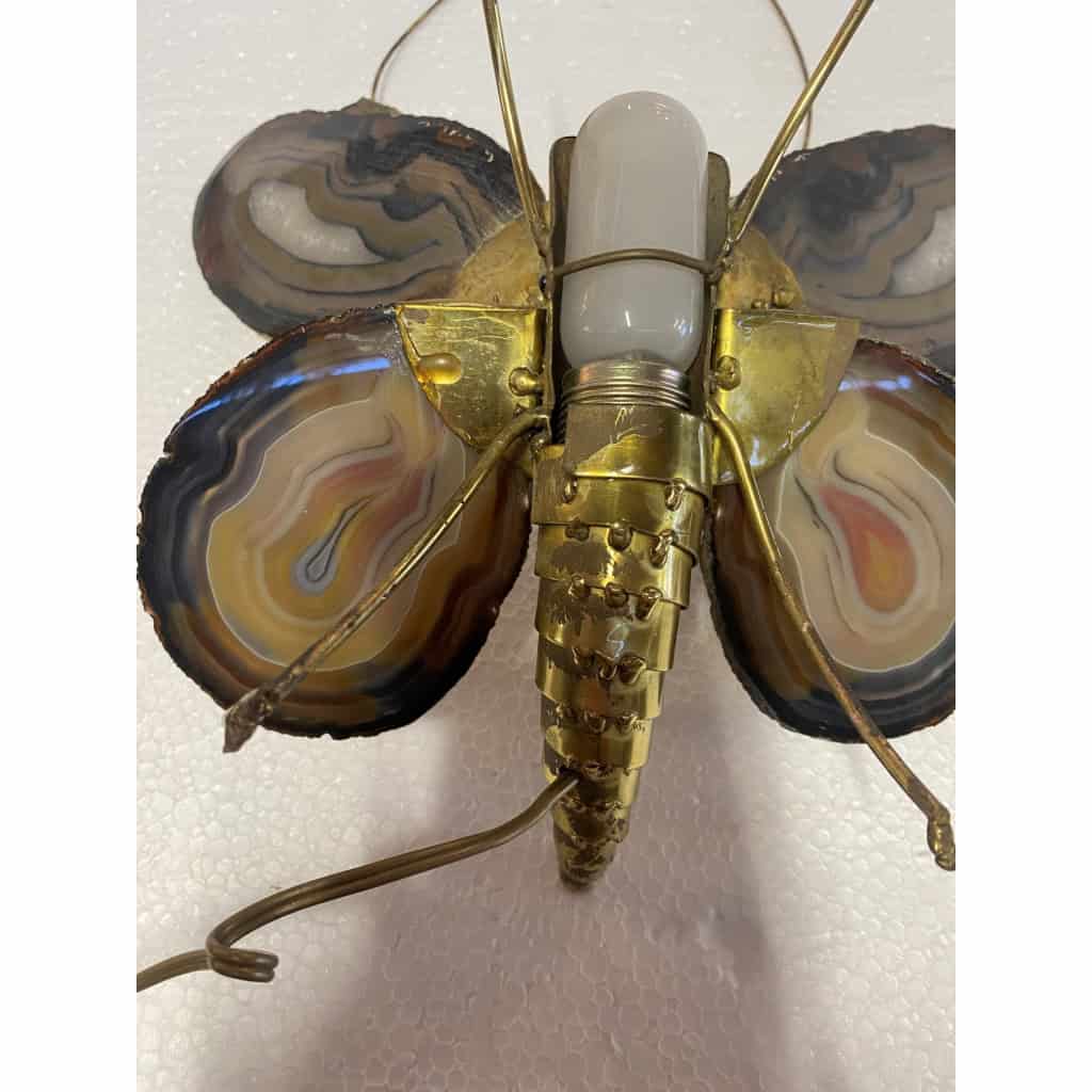 1970’ Paire D’Appliques Papillon en Bronze ou Laiton, Duval Brasseur Ou Isabelle Faure, 1 Ampoule, Ailes d’Agate 1970’ Paire D’Appliques Papillon en Bronze ou Laiton, Duval Brasseur Ou Isabelle Faure, 1 Ampoule, Ailes d’Agate