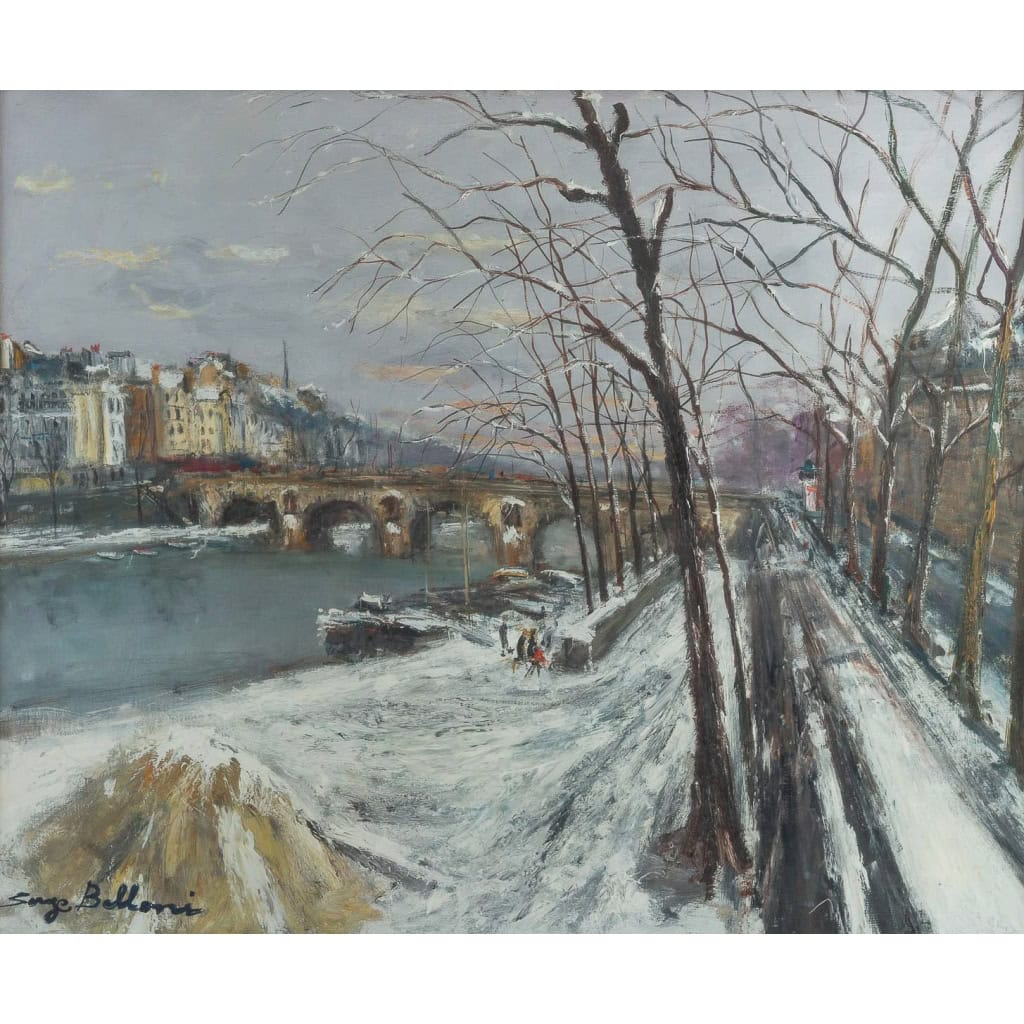 Serge Belloni « Le peintre de Paris » - Le Pont Marie et l’Ile Saint-Louis sous la neige vers 1960 huile sur toile Serge Belloni « Le peintre de Paris » - Le Pont Marie et l’Ile Saint-Louis sous la neige vers 1960 huile sur toile