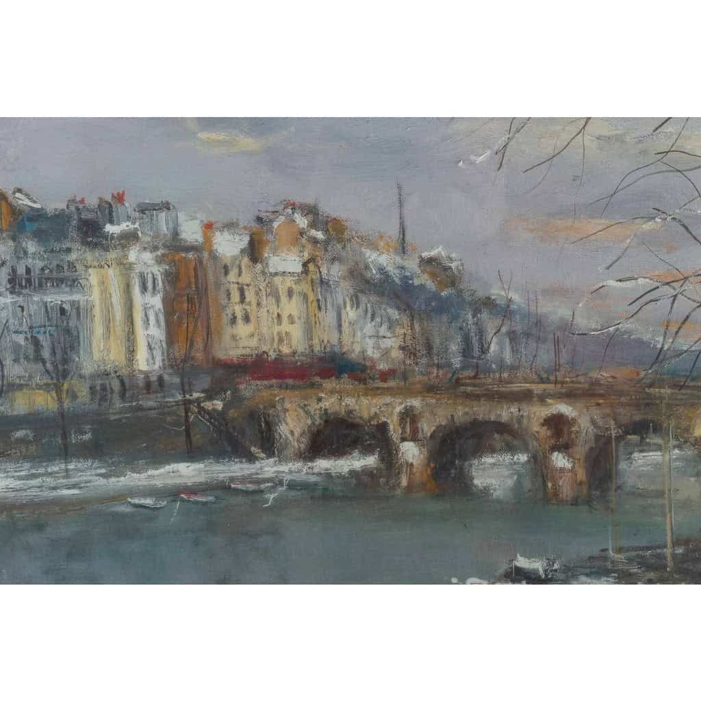 Serge Belloni « Le peintre de Paris » - Le Pont Marie et l’Ile Saint-Louis sous la neige vers 1960 huile sur toile Serge Belloni « Le peintre de Paris » - Le Pont Marie et l’Ile Saint-Louis sous la neige vers 1960 huile sur toile