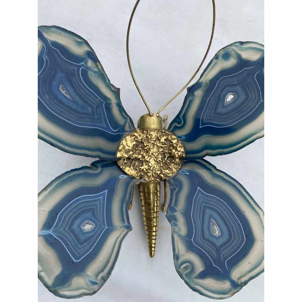 1970’ Applique Papillon en Bronze ou Laiton, Duval Brasseur Ou Isabelle Faure, 1 Ampoule , Ailes d’Agate Bleues 1970’ Applique Papillon en Bronze ou Laiton, Duval Brasseur Ou Isabelle Faure, 1 Ampoule , Ailes d’Agate Bleues