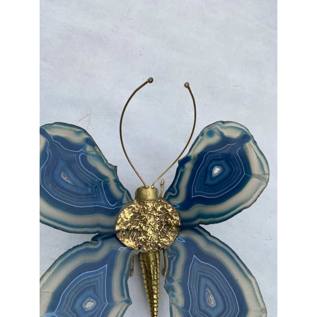 1970’ Applique Papillon en Bronze ou Laiton, Duval Brasseur Ou Isabelle Faure, 1 Ampoule , Ailes d’Agate Bleues 1970’ Applique Papillon en Bronze ou Laiton, Duval Brasseur Ou Isabelle Faure, 1 Ampoule , Ailes d’Agate Bleues