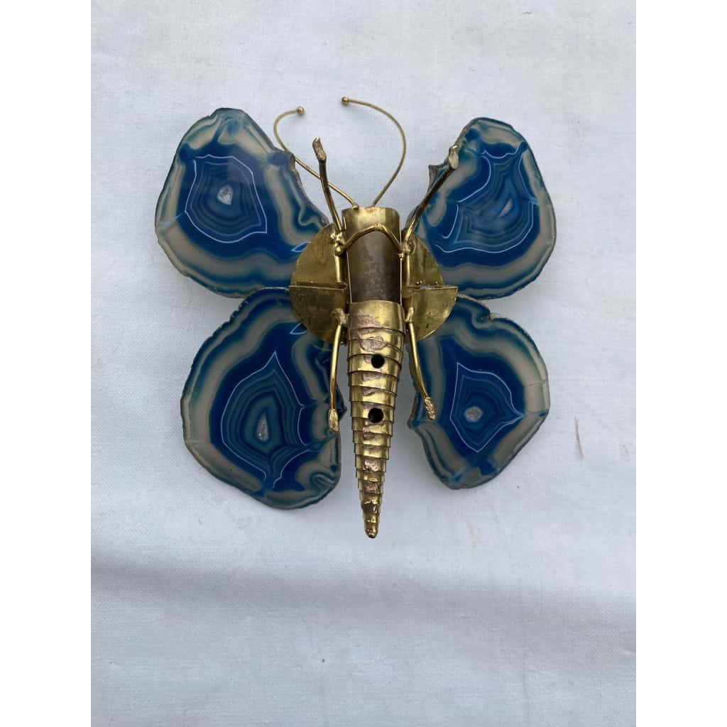 1970’ Applique Papillon en Bronze ou Laiton, Duval Brasseur Ou Isabelle Faure, 1 Ampoule , Ailes d’Agate Bleues 1970’ Applique Papillon en Bronze ou Laiton, Duval Brasseur Ou Isabelle Faure, 1 Ampoule , Ailes d’Agate Bleues