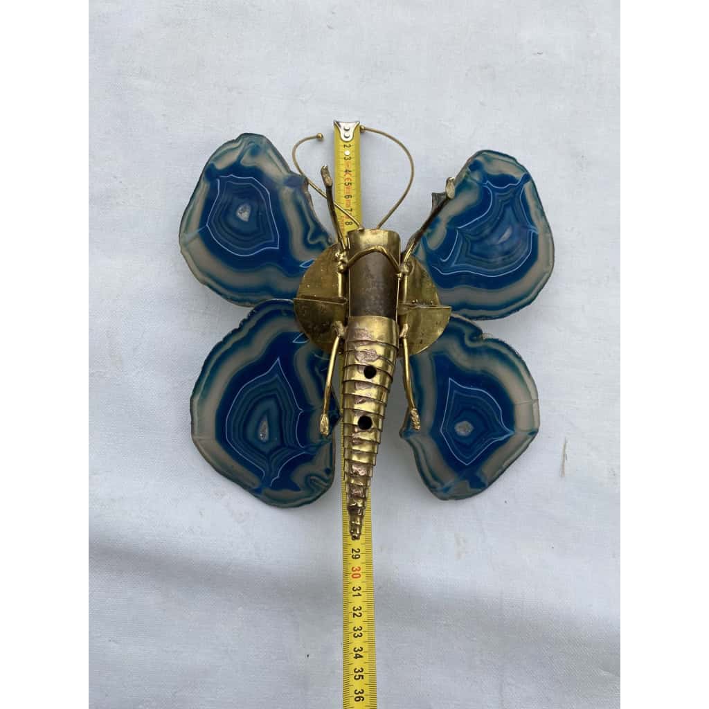 1970’ Applique Papillon en Bronze ou Laiton, Duval Brasseur Ou Isabelle Faure, 1 Ampoule , Ailes d’Agate Bleues 1970’ Applique Papillon en Bronze ou Laiton, Duval Brasseur Ou Isabelle Faure, 1 Ampoule , Ailes d’Agate Bleues