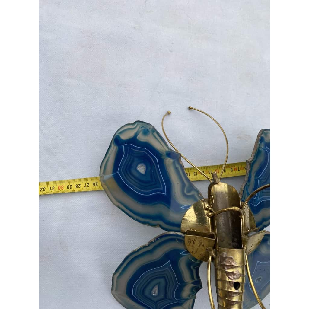 1970’ Applique Papillon en Bronze ou Laiton, Duval Brasseur Ou Isabelle Faure, 1 Ampoule , Ailes d’Agate Bleues 1970’ Applique Papillon en Bronze ou Laiton, Duval Brasseur Ou Isabelle Faure, 1 Ampoule , Ailes d’Agate Bleues