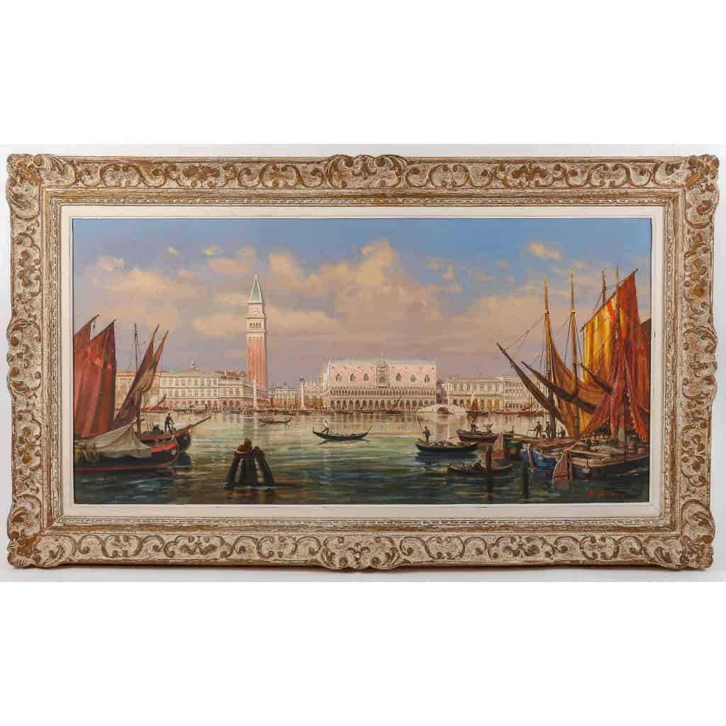 Vue panoramique du Palais des Doges à Venise huile sur toile école Italienne du XXème siècle Vue panoramique du Palais des Doges à Venise huile sur toile école Italienne du XXème siècle