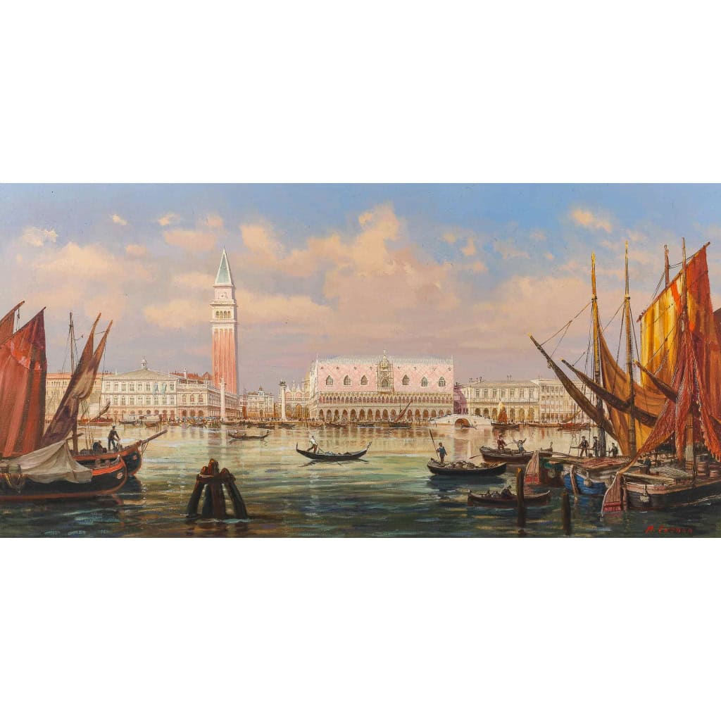 Vue panoramique du Palais des Doges à Venise huile sur toile école Italienne du XXème siècle Vue panoramique du Palais des Doges à Venise huile sur toile école Italienne du XXème siècle