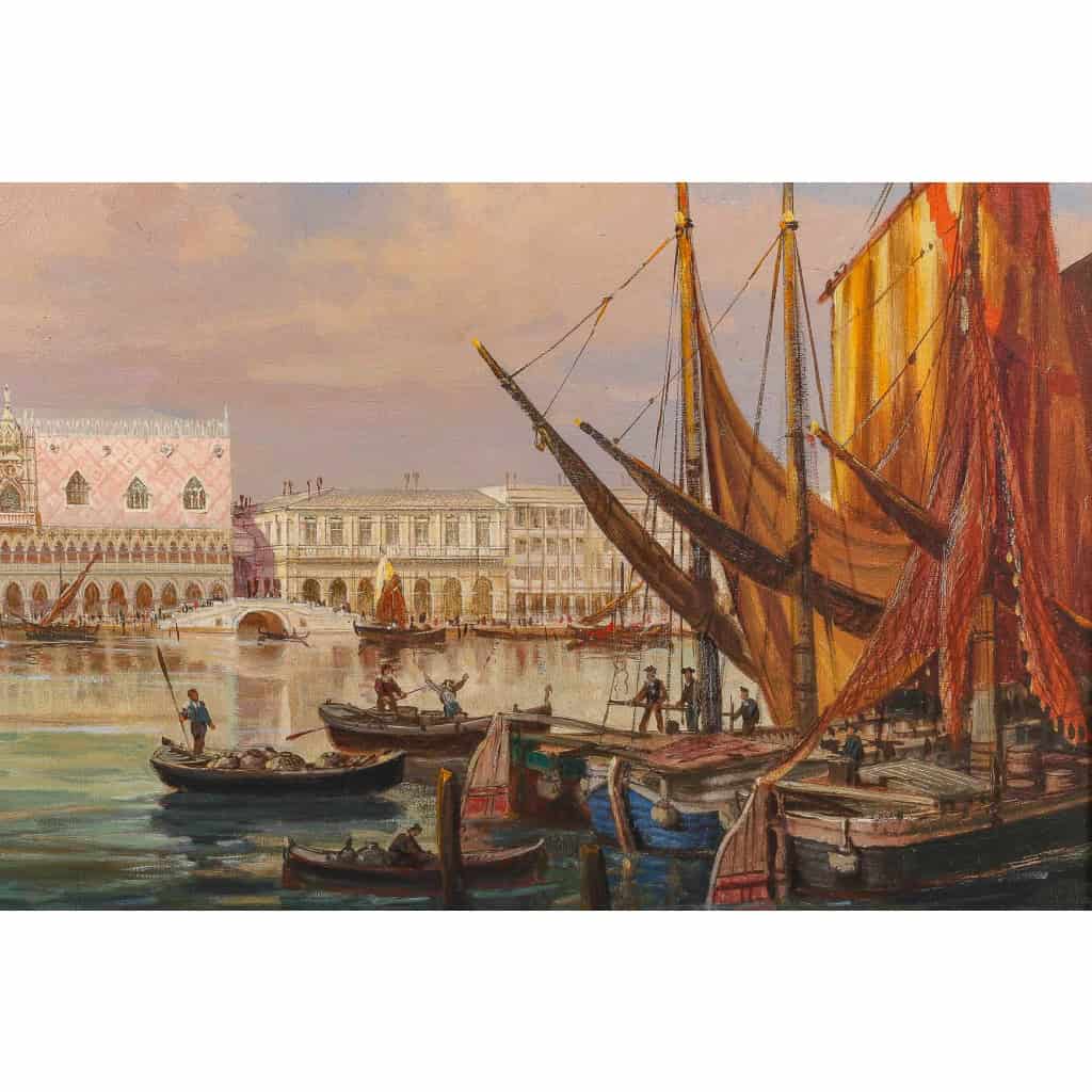 Vue panoramique du Palais des Doges à Venise huile sur toile école Italienne du XXème siècle Vue panoramique du Palais des Doges à Venise huile sur toile école Italienne du XXème siècle