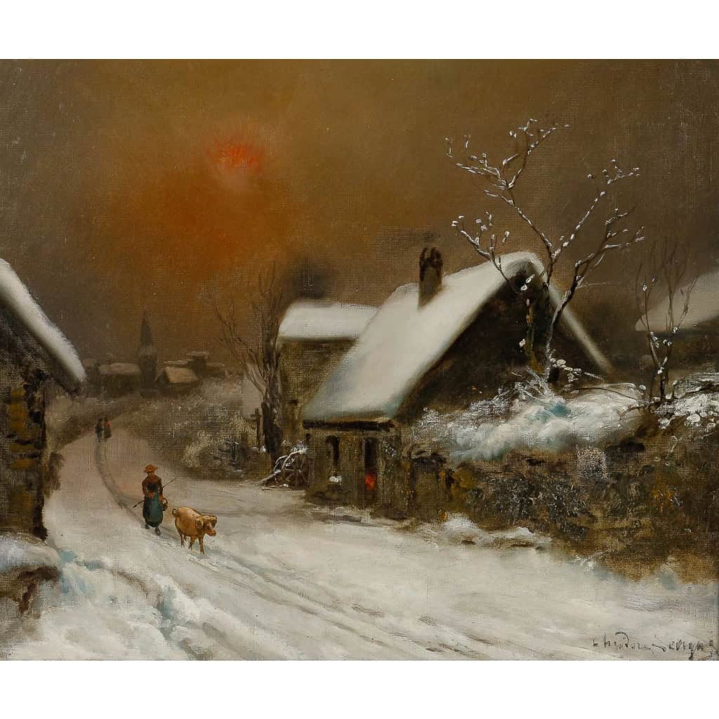 Théodore Levigne - La campagne sous la neige huile sur toile fin du XIXème siècle Théodore Levigne - La campagne sous la neige huile sur toile fin du XIXème siècle