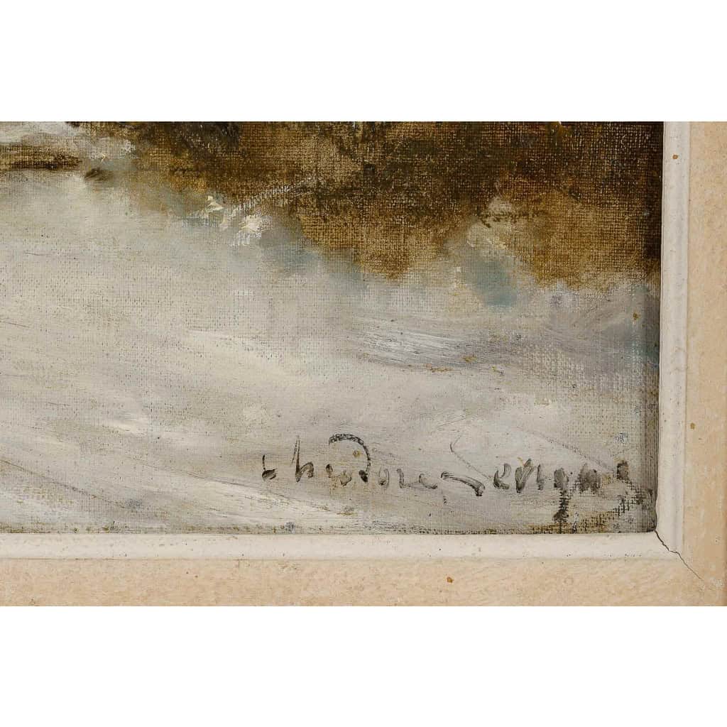 Théodore Levigne - La campagne sous la neige huile sur toile fin du XIXème siècle Théodore Levigne - La campagne sous la neige huile sur toile fin du XIXème siècle