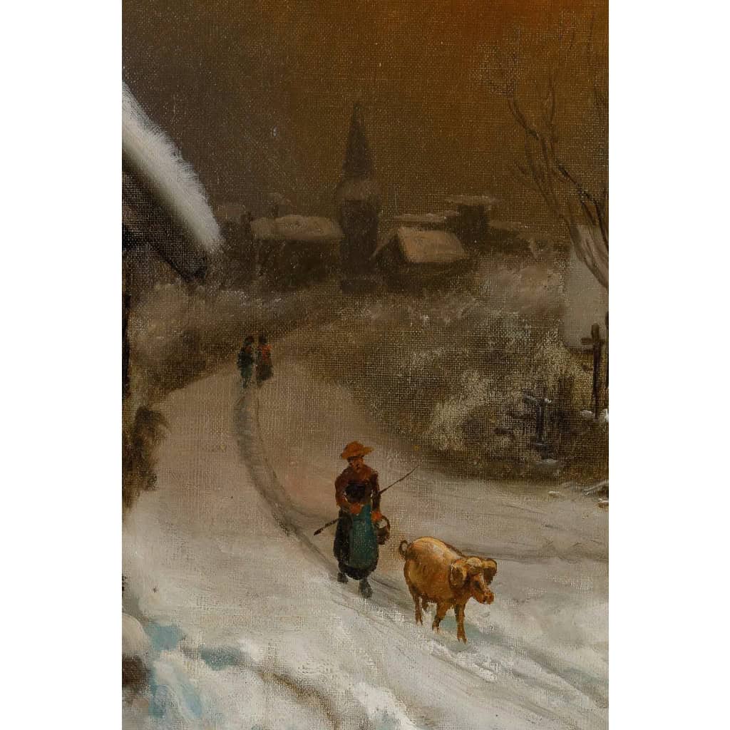 Théodore Levigne - La campagne sous la neige huile sur toile fin du XIXème siècle Théodore Levigne - La campagne sous la neige huile sur toile fin du XIXème siècle