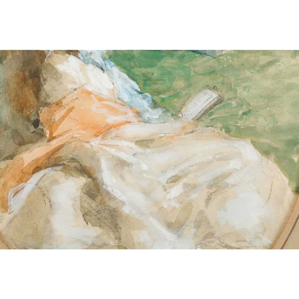 Aquarelle sur carton "La liseuse", d'Antoine Calbet Aquarelle sur carton "La liseuse", d'Antoine Calbet