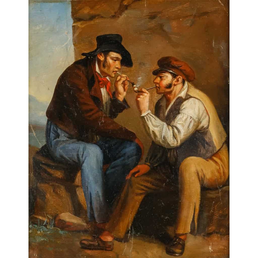 "Deux fumeurs de pipes", tableau XIXème siècle non signé "Deux fumeurs de pipes", tableau XIXème siècle non signé