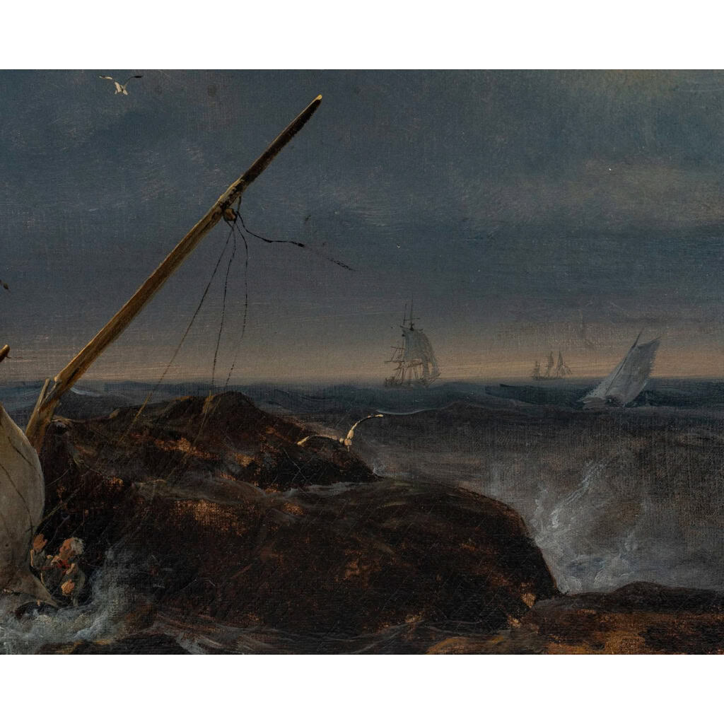 Bateau de pêche dans les brisants signé Johann-Jakob Ulrich (1798-1877) huile sur toile vers 1837 Bateau de pêche dans les brisants signé Johann-Jakob Ulrich (1798-1877) huile sur toile vers 1837