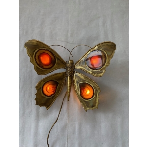 1970’ Applique Papillon en Bronze ou Laiton, Duval Brasseur Ou Isabelle Faure, 4 Ampoules, Ailes d’Agate |||||||||||