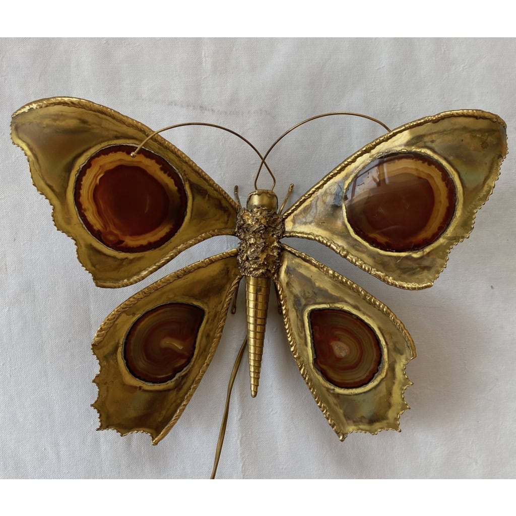 1970’ Applique Papillon en Bronze ou Laiton, Duval Brasseur Ou Isabelle Faure, 4 Ampoules, Ailes d’Agate 1970’ Applique Papillon en Bronze ou Laiton, Duval Brasseur Ou Isabelle Faure, 4 Ampoules, Ailes d’Agate