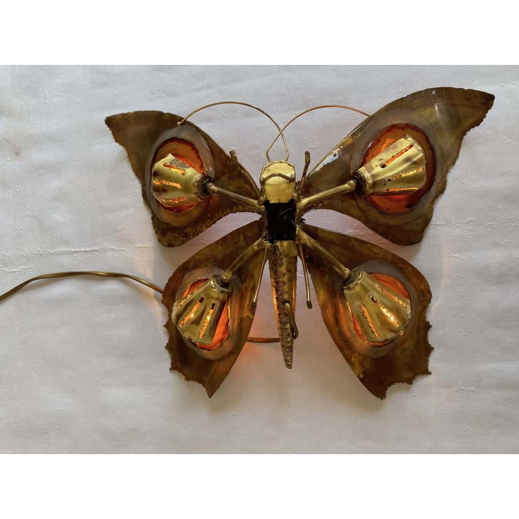 1970’ Applique Papillon en Bronze ou Laiton, Duval Brasseur Ou Isabelle Faure, 4 Ampoules, Ailes d’Agate 1970’ Applique Papillon en Bronze ou Laiton, Duval Brasseur Ou Isabelle Faure, 4 Ampoules, Ailes d’Agate