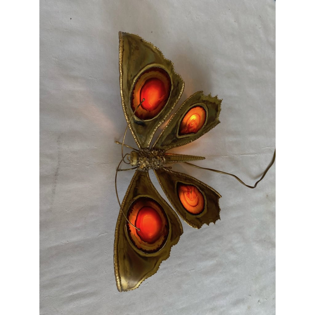 1970’ Applique Papillon en Bronze ou Laiton, Duval Brasseur Ou Isabelle Faure, 4 Ampoules, Ailes d’Agate 1970’ Applique Papillon en Bronze ou Laiton, Duval Brasseur Ou Isabelle Faure, 4 Ampoules, Ailes d’Agate