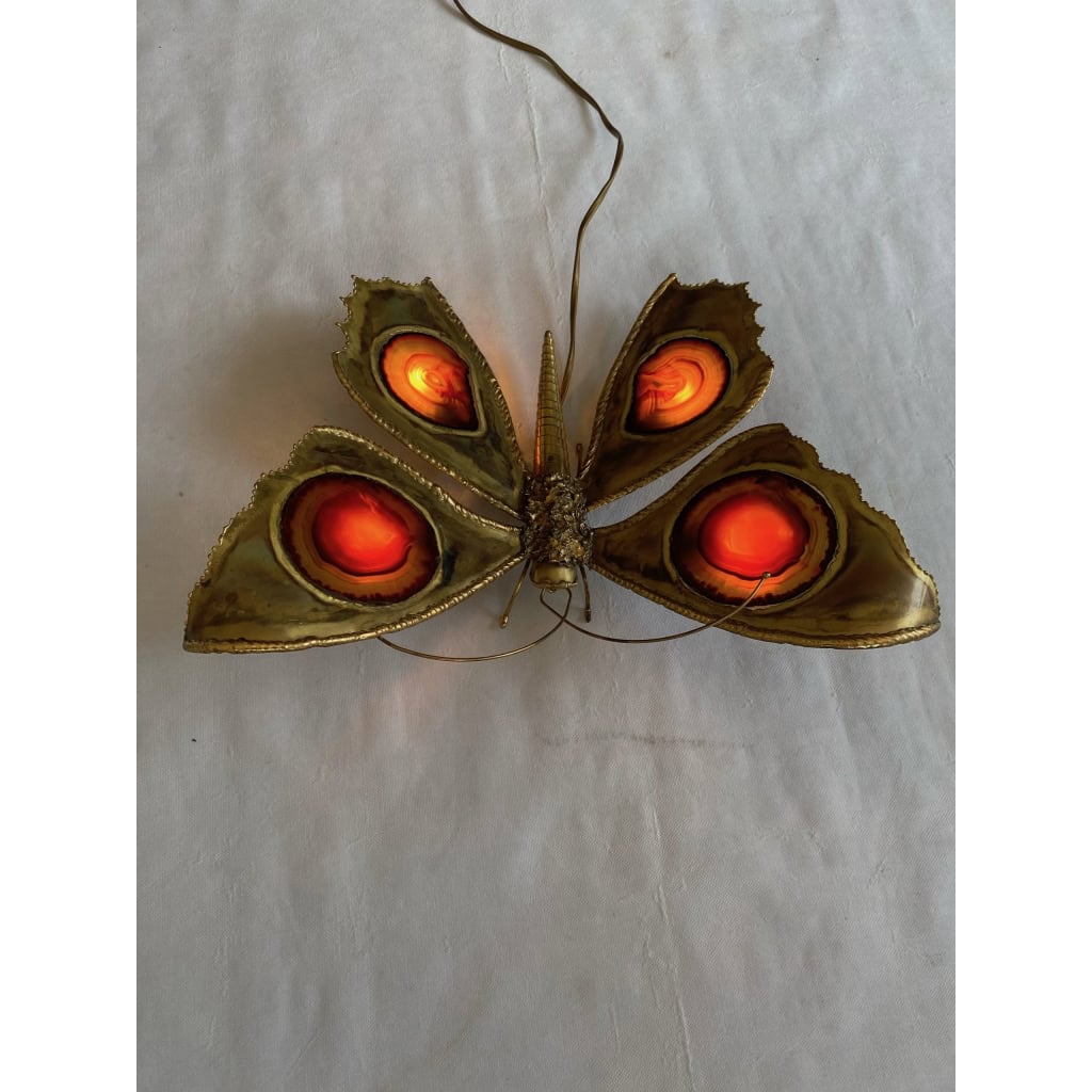 1970’ Applique Papillon en Bronze ou Laiton, Duval Brasseur Ou Isabelle Faure, 4 Ampoules, Ailes d’Agate 1970’ Applique Papillon en Bronze ou Laiton, Duval Brasseur Ou Isabelle Faure, 4 Ampoules, Ailes d’Agate