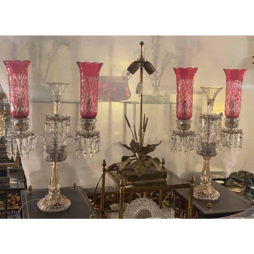 1950′ Paire de Chandeliers Cristal De Bohéme 2 Branches Socles Perlés Et Signés |||||||||||