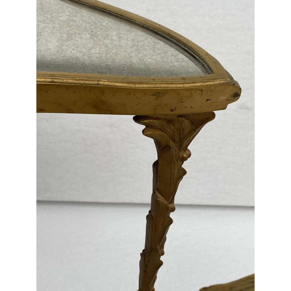 1970′ Table Tripartite Maison Charles Forme Arbaléte, Jansen Ou Baguès Décor Palmier en Bronze Doré avec Plateaux Miroirs Vieillis 1970′ Table Tripartite Maison Charles Forme Arbaléte, Jansen Ou Baguès Décor Palmier en Bronze Doré avec Plateaux Miroirs Vieillis