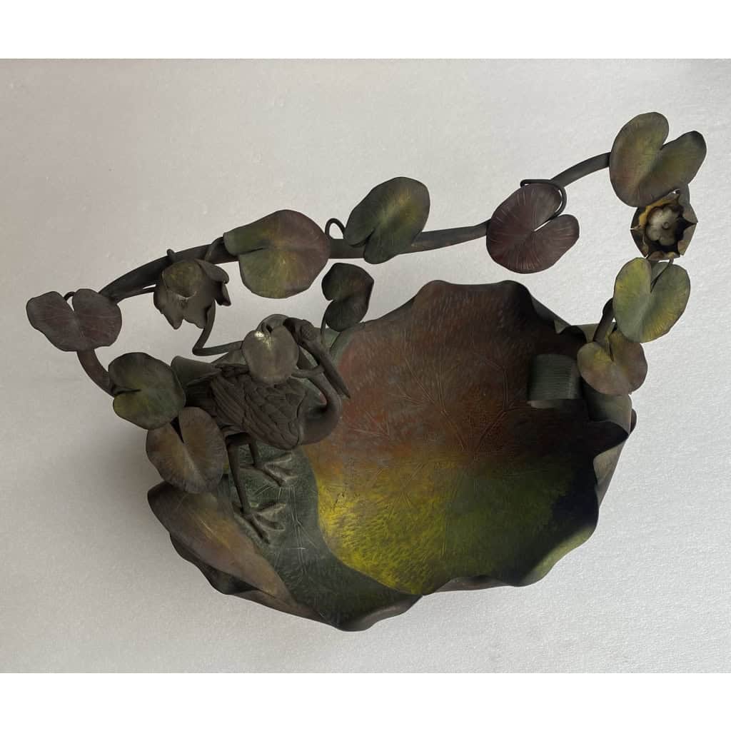 1900′ Corbeille A Fruit Bronze Patiné Art Nouveau, Grue Du Japon Et Nénuphars |||||||||||||