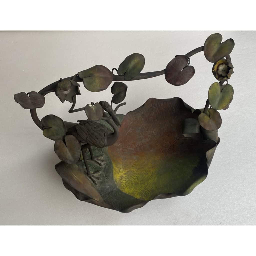 1900′ Corbeille A Fruit Bronze Patiné Art Nouveau, Grue Du Japon Et Nénuphars 1900′ Corbeille A Fruit Bronze Patiné Art Nouveau, Grue Du Japon Et Nénuphars