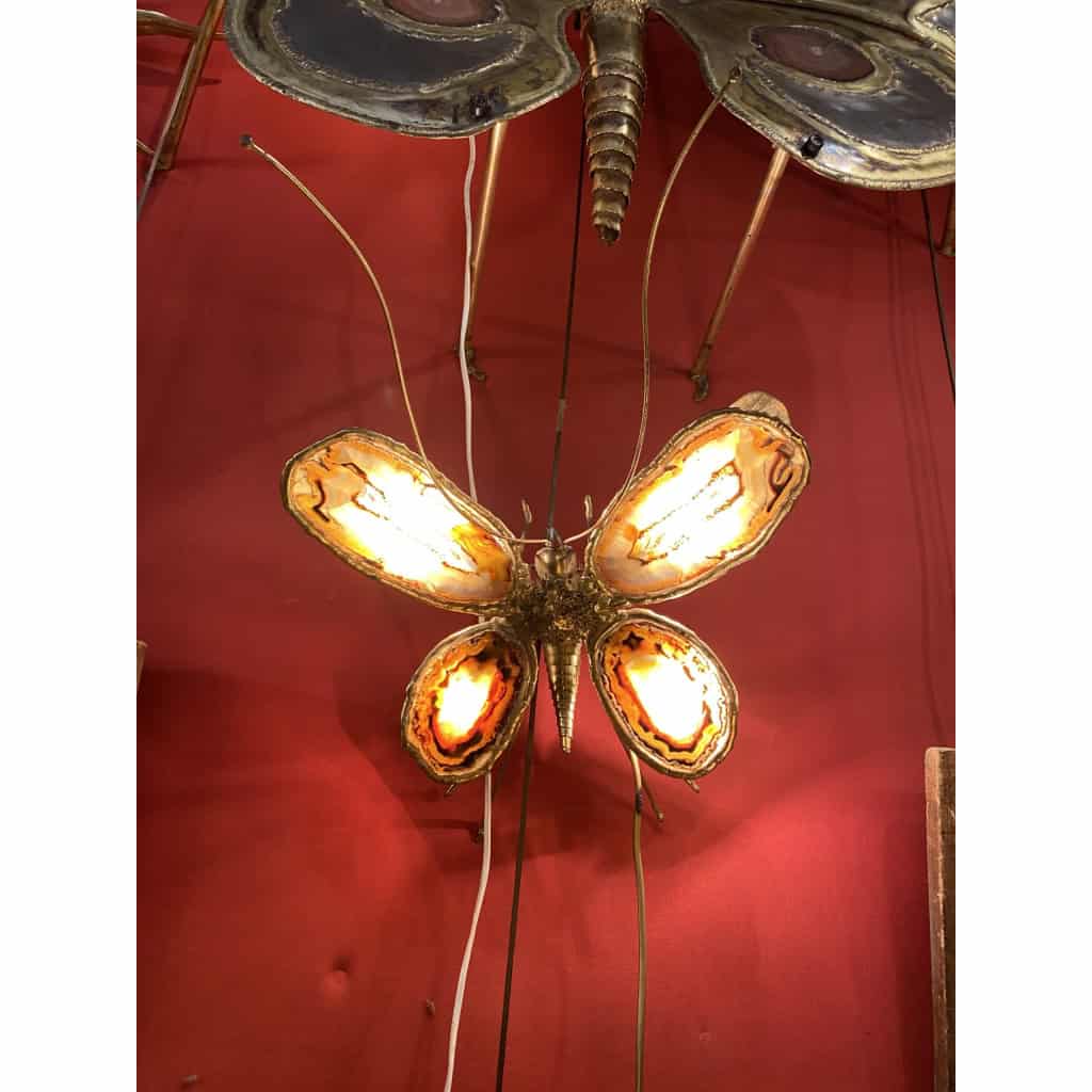 1970’ Applique Papillon en Bronze ou Laiton, Duval Brasseur Ou Isabelle Faure, 4 Ampoules, Ailes d’Agate ||||||||||||