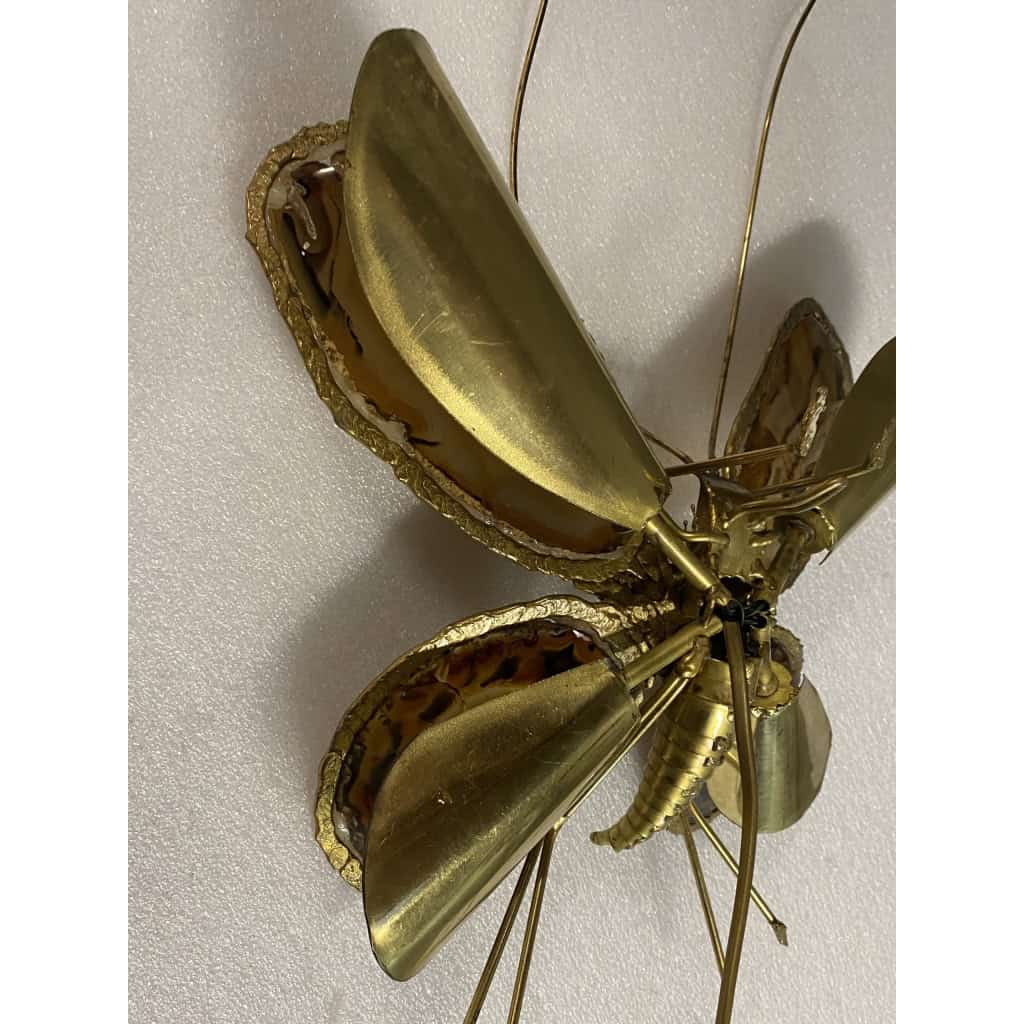 1970’ Applique Papillon en Bronze ou Laiton, Duval Brasseur Ou Isabelle Faure, 4 Ampoules, Ailes d’Agate 1970’ Applique Papillon en Bronze ou Laiton, Duval Brasseur Ou Isabelle Faure, 4 Ampoules, Ailes d’Agate