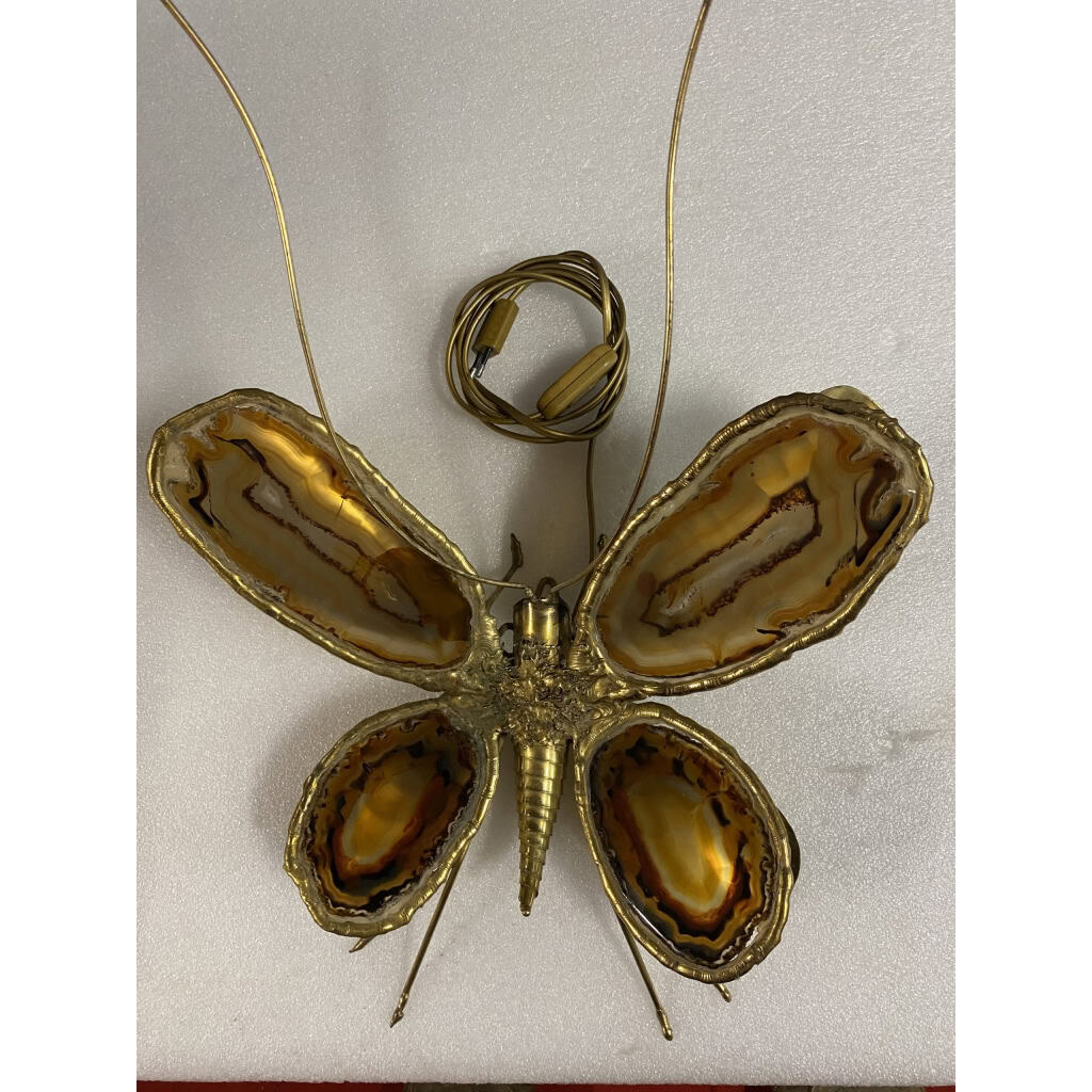 1970’ Applique Papillon en Bronze ou Laiton, Duval Brasseur Ou Isabelle Faure, 4 Ampoules, Ailes d’Agate 1970’ Applique Papillon en Bronze ou Laiton, Duval Brasseur Ou Isabelle Faure, 4 Ampoules, Ailes d’Agate