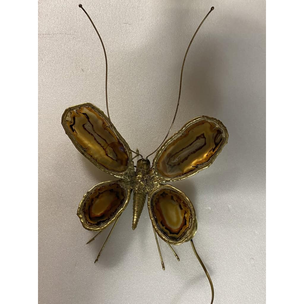 1970’ Applique Papillon en Bronze ou Laiton, Duval Brasseur Ou Isabelle Faure, 4 Ampoules, Ailes d’Agate 1970’ Applique Papillon en Bronze ou Laiton, Duval Brasseur Ou Isabelle Faure, 4 Ampoules, Ailes d’Agate