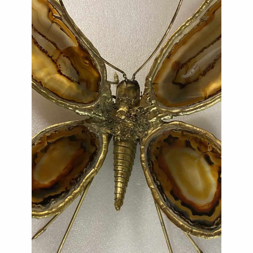 1970’ Applique Papillon en Bronze ou Laiton, Duval Brasseur Ou Isabelle Faure, 4 Ampoules, Ailes d’Agate 1970’ Applique Papillon en Bronze ou Laiton, Duval Brasseur Ou Isabelle Faure, 4 Ampoules, Ailes d’Agate