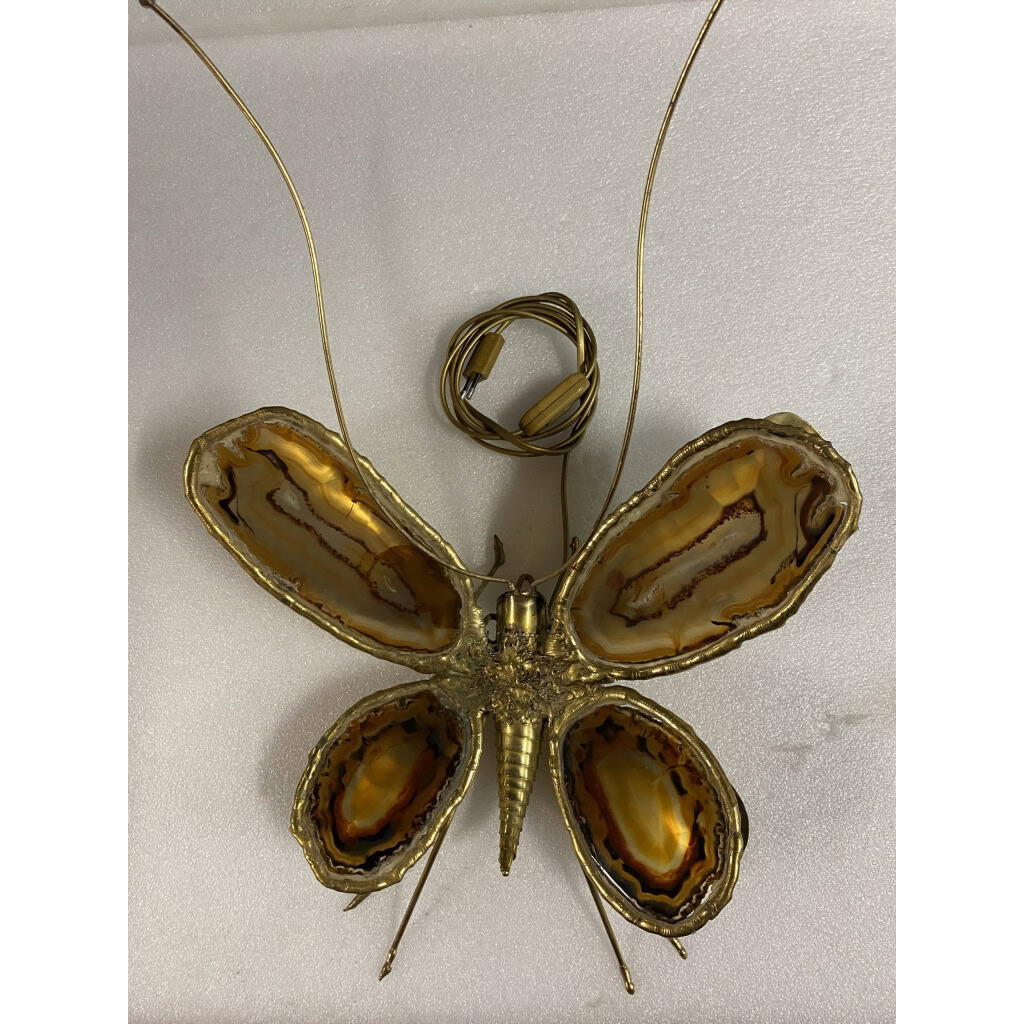 1970’ Applique Papillon en Bronze ou Laiton, Duval Brasseur Ou Isabelle Faure, 4 Ampoules, Ailes d’Agate 1970’ Applique Papillon en Bronze ou Laiton, Duval Brasseur Ou Isabelle Faure, 4 Ampoules, Ailes d’Agate