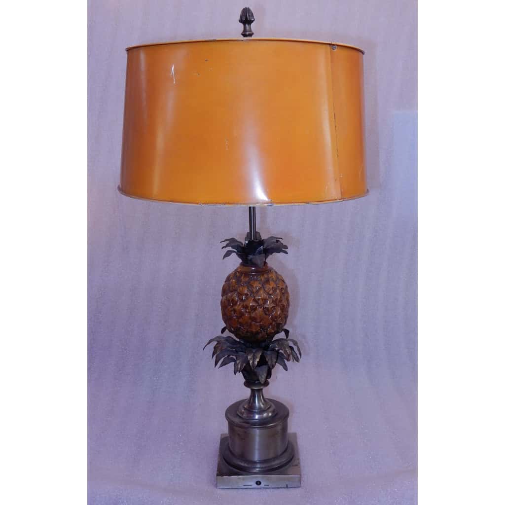 1950/70 Lampe à l’Ananas en Bronze Argenté, Abat-jour en Métal, Signée Charles, Made In France |||||||||||