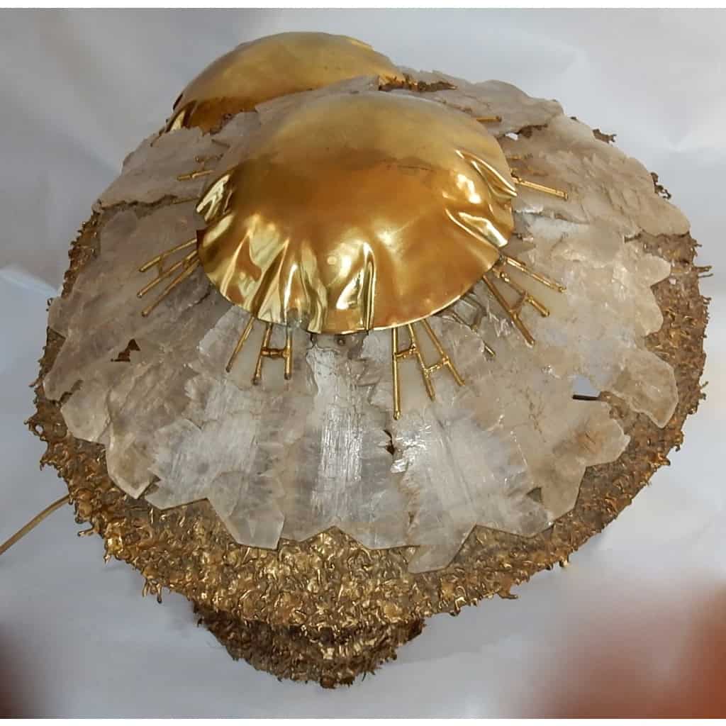 1970′Lampe Aux 2 Champignons Éclairante En Laiton Avec Gypse Imitant le Cristal De Roche Style Duval Brasseur, Faure, Fernandez 1970′Lampe Aux 2 Champignons Éclairante En Laiton Avec Gypse Imitant le Cristal De Roche Style Duval Brasseur, Faure, Fernandez