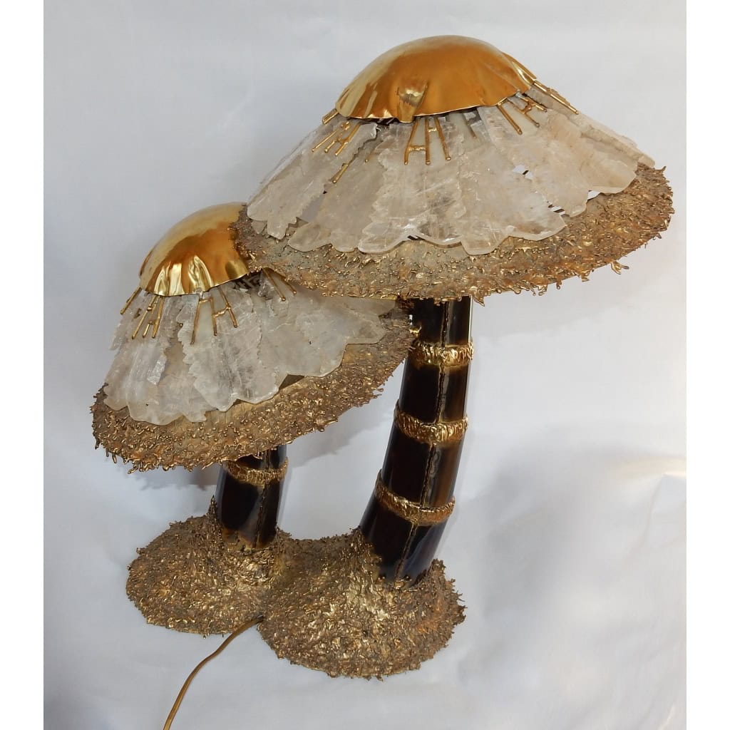 1970′Lampe Aux 2 Champignons Éclairante En Laiton Avec Gypse Imitant le Cristal De Roche Style Duval Brasseur, Faure, Fernandez 1970′Lampe Aux 2 Champignons Éclairante En Laiton Avec Gypse Imitant le Cristal De Roche Style Duval Brasseur, Faure, Fernandez