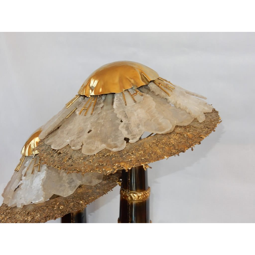 1970′Lampe Aux 2 Champignons Éclairante En Laiton Avec Gypse Imitant le Cristal De Roche Style Duval Brasseur, Faure, Fernandez 1970′Lampe Aux 2 Champignons Éclairante En Laiton Avec Gypse Imitant le Cristal De Roche Style Duval Brasseur, Faure, Fernandez