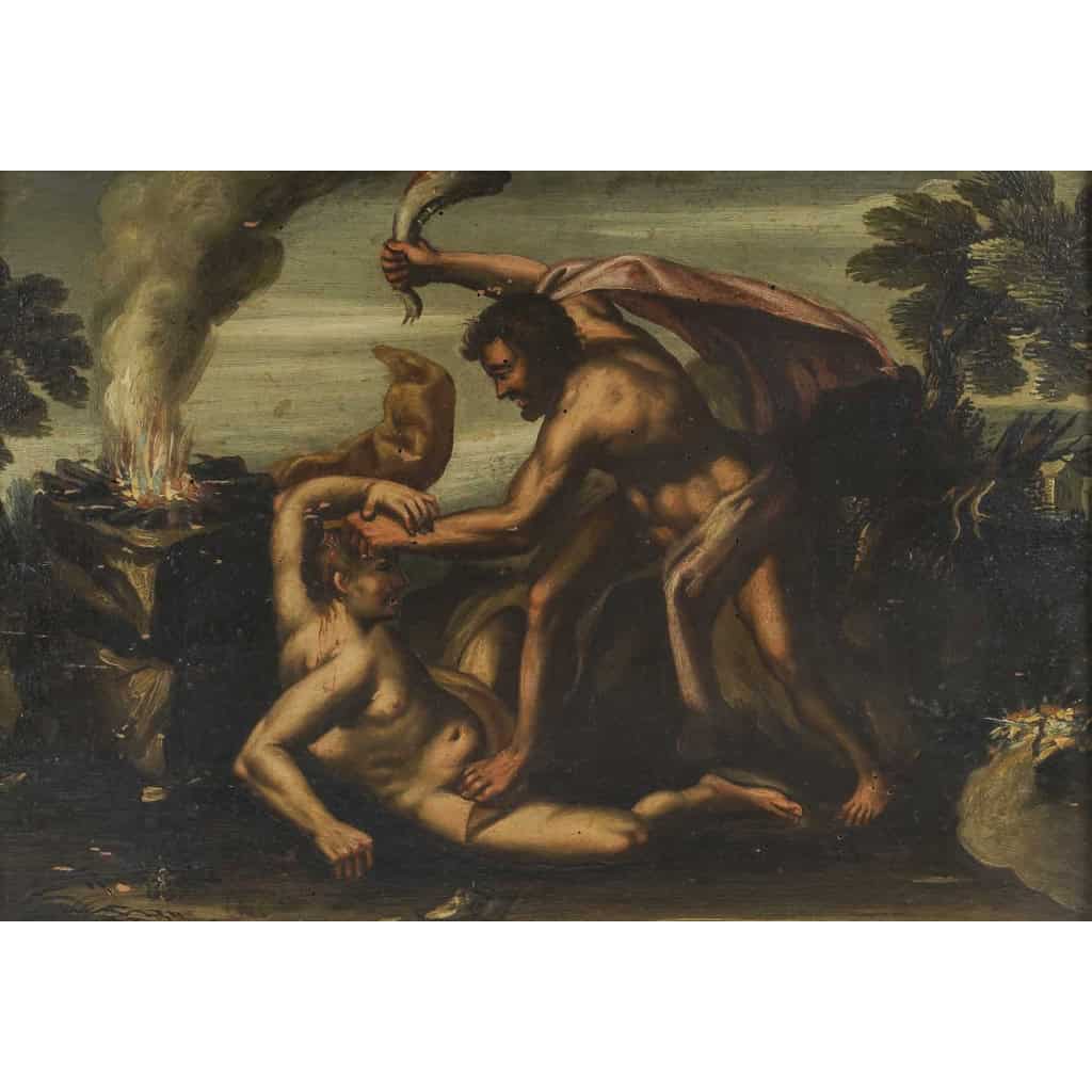 Huile sur panneau dans son cadre en bois doré, représentant la scène biblique de Cain et Abel. Travail européen du XVIIIe siècle, probablement école espagnole (mention Arcayos au revers). Huile sur panneau dans son cadre en bois doré, représentant la scène biblique de Cain et Abel. Travail européen du XVIIIe siècle, probablement école espagnole (mention Arcayos au revers).