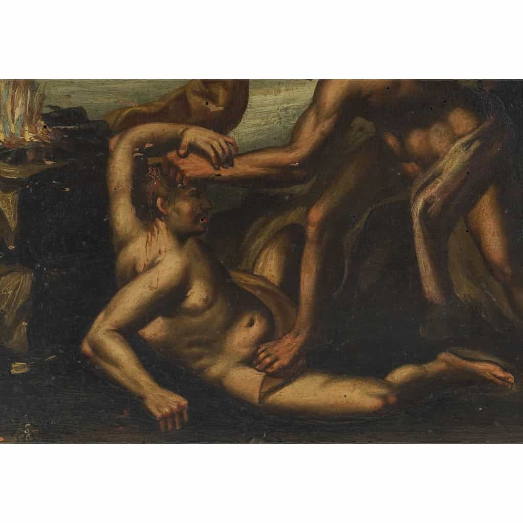 Huile sur panneau dans son cadre en bois doré, représentant la scène biblique de Cain et Abel. Travail européen du XVIIIe siècle, probablement école espagnole (mention Arcayos au revers). Huile sur panneau dans son cadre en bois doré, représentant la scène biblique de Cain et Abel. Travail européen du XVIIIe siècle, probablement école espagnole (mention Arcayos au revers).