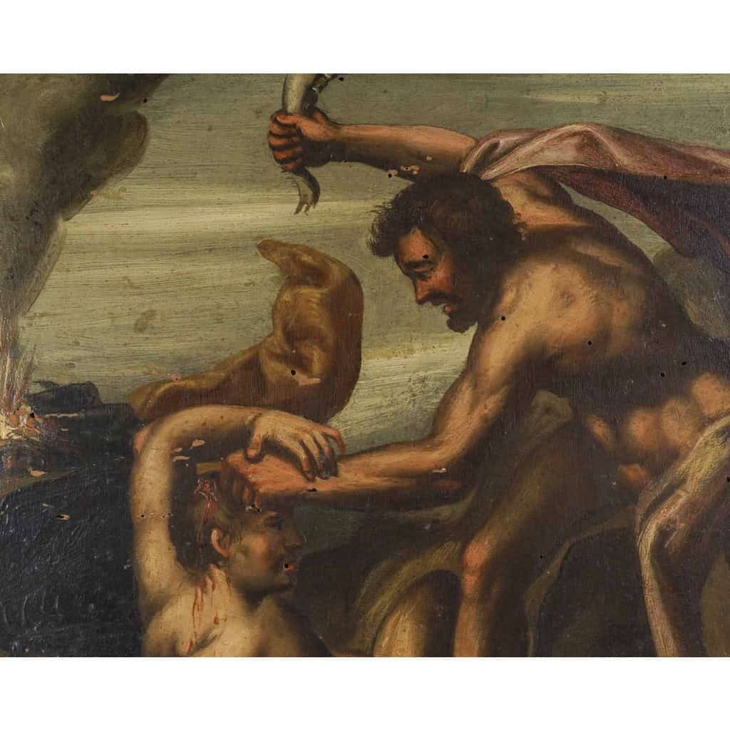 Huile sur panneau dans son cadre en bois doré, représentant la scène biblique de Cain et Abel. Travail européen du XVIIIe siècle, probablement école espagnole (mention Arcayos au revers). Huile sur panneau dans son cadre en bois doré, représentant la scène biblique de Cain et Abel. Travail européen du XVIIIe siècle, probablement école espagnole (mention Arcayos au revers).