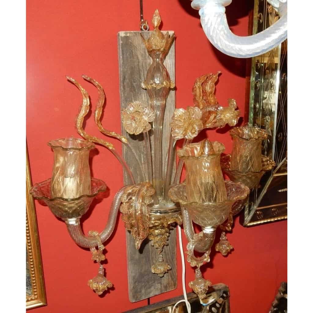 1950/70′ Paire d’Appliques à 3 Bras de Lumière en Cristal de Murano Avec Paillons d’Or 1950/70′ Paire d’Appliques à 3 Bras de Lumière en Cristal de Murano Avec Paillons d’Or